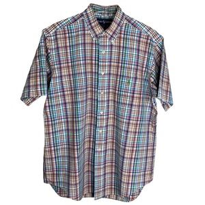 Men’s Ralph Lauren Plaid Short Sleeve Button Down Shirt Green Polo Pocket Large